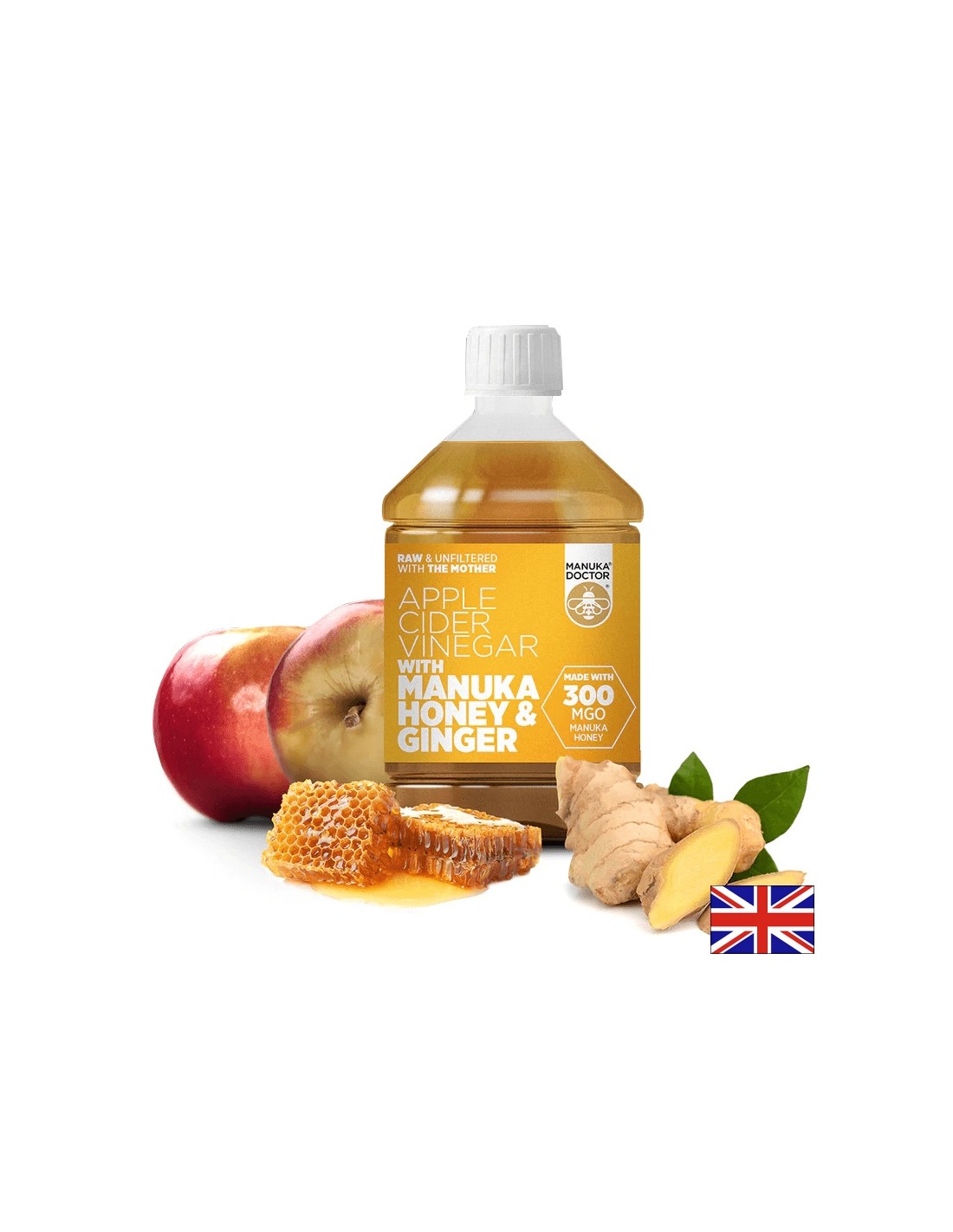 Aceto di sidro di mele + miele di manuka e zenzero - aceto di sidro di mele con miele di manuka e zenzero (300 mgO), 500 ml