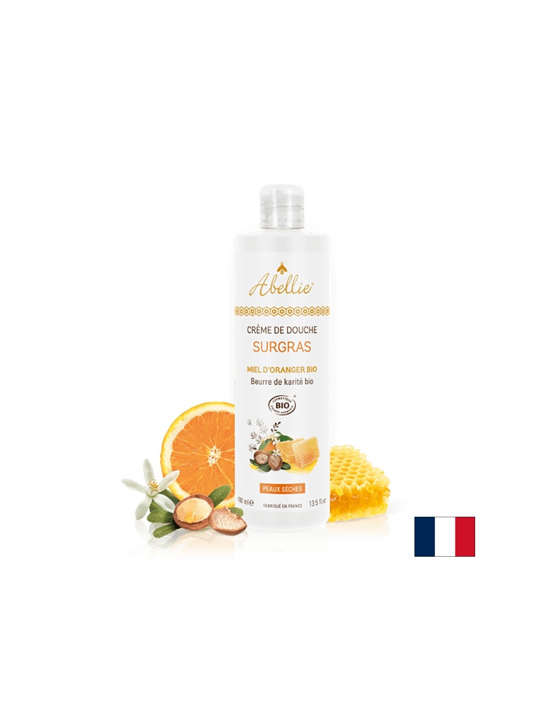 Crema per la doccia per il corpo Surgas con fiore d'arancia, miele e burro di karité, 400 ml