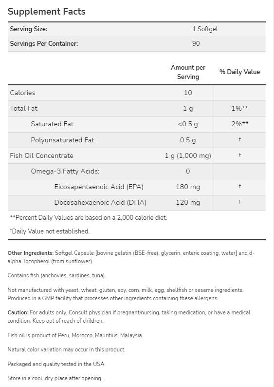 Omega -3 Enterica Coated - 180 Softgels