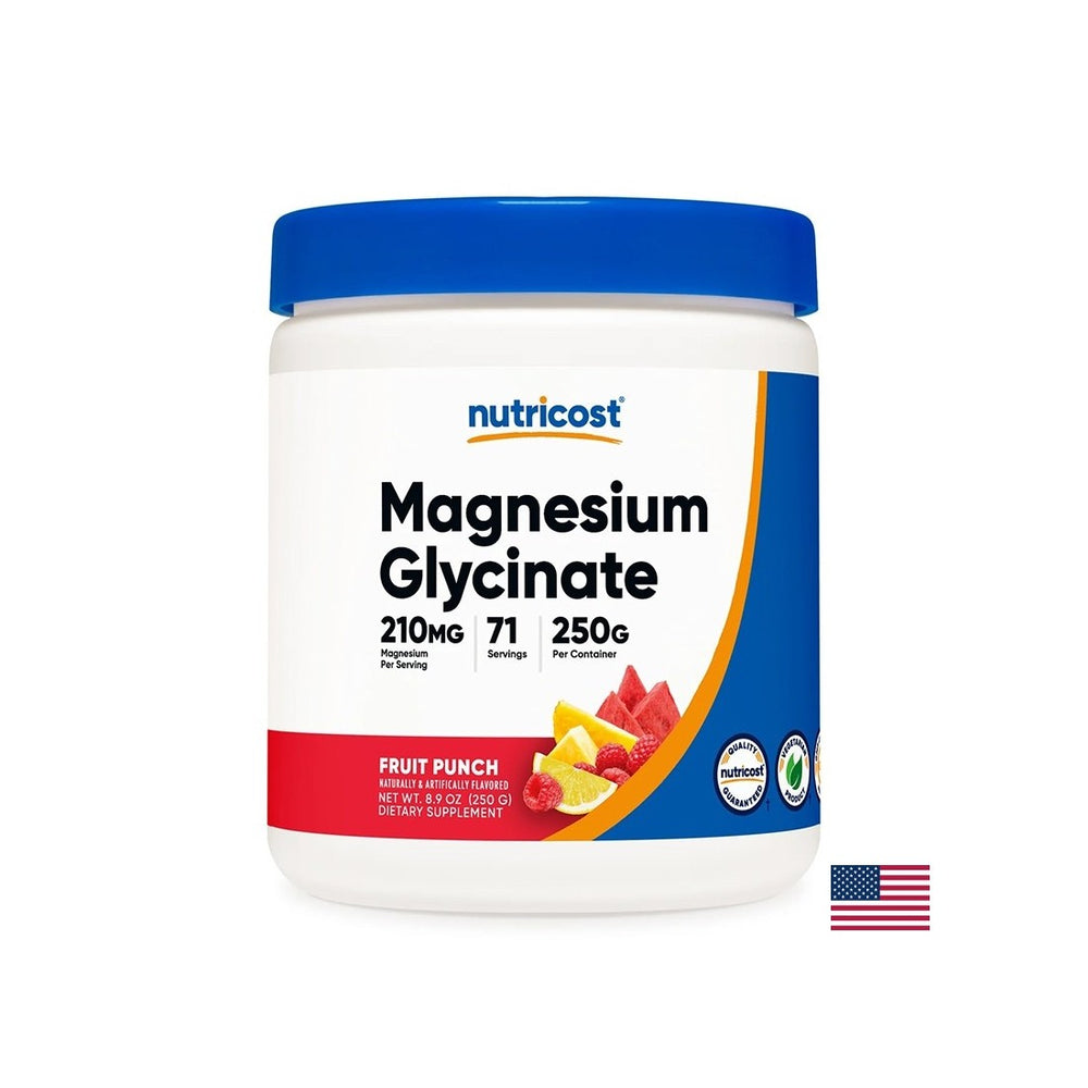 Care del cuore e muscola - magnesio (bisglicinato), 210 mg x 250 g di polvere, con sapore di punzonatura di frutta