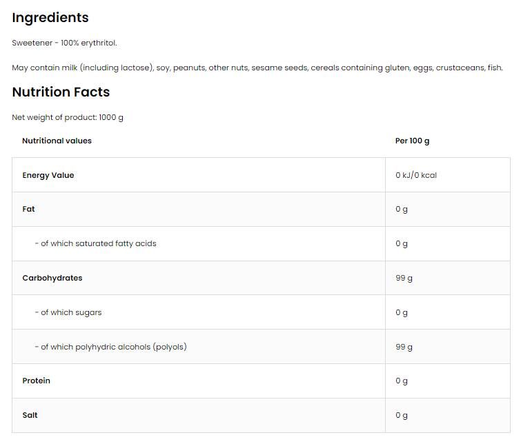 Zucchero senza erytritolo/zucchero - 1000 grammi