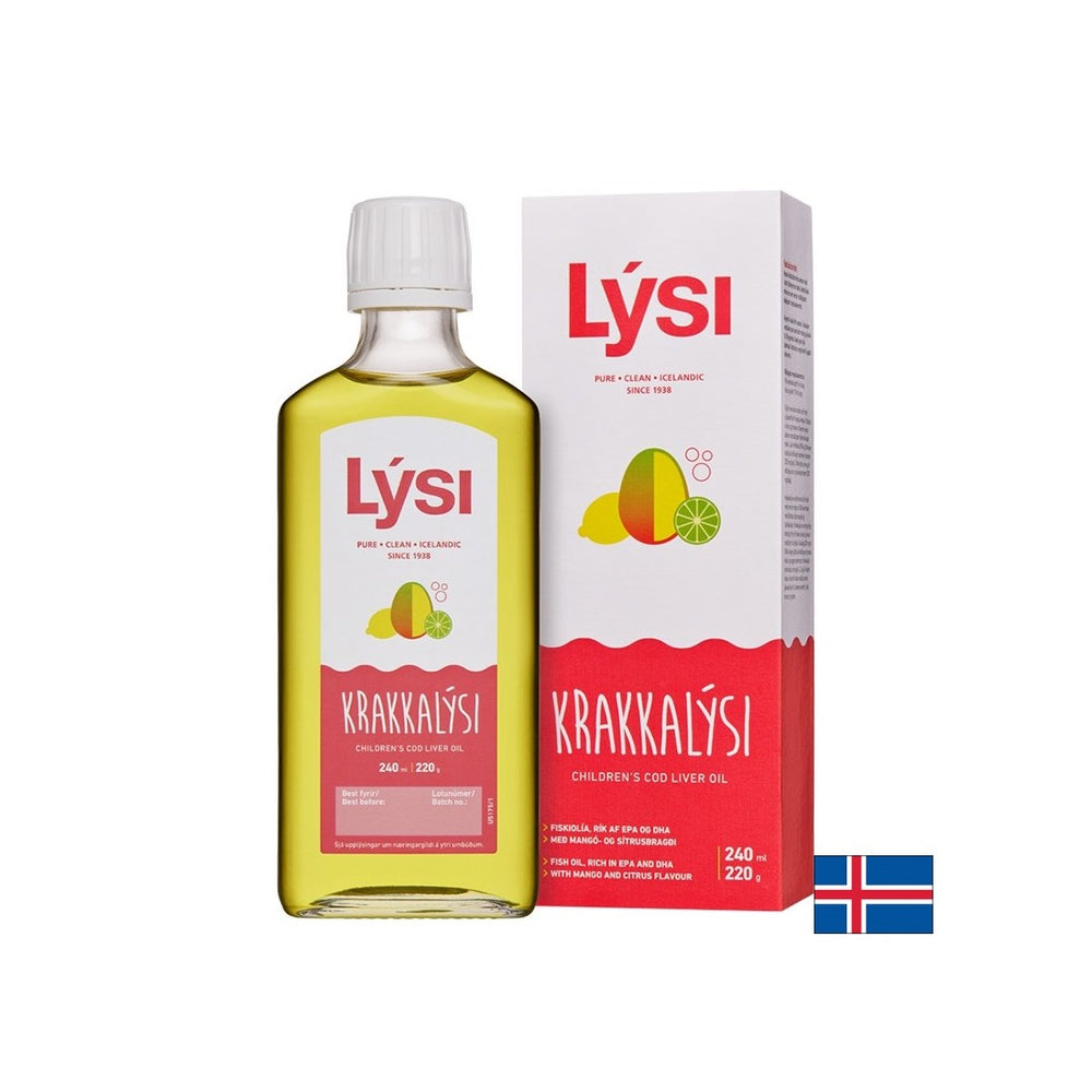 Omega-3 per bambini e adulti 2390 mg (olio di fegato di merluzzo islandese), 240 ml, con mango e sapore di agrumi