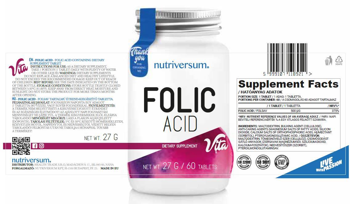 Acido folico 500 mcg - 30 compresse