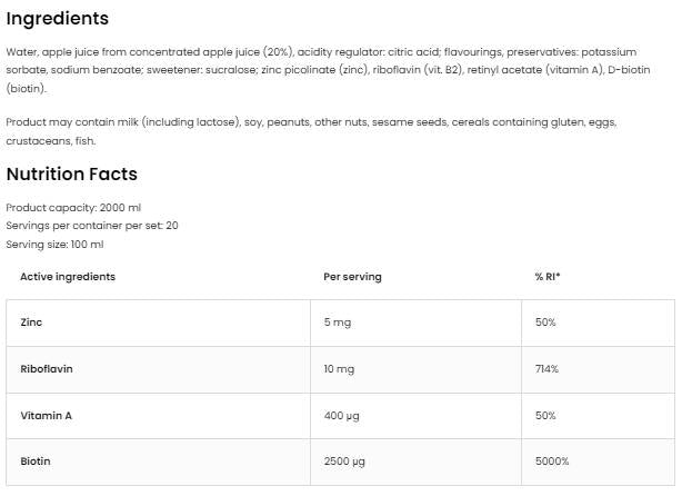Biotina & Vitamina A & Zinco & Vitamina B2 Shot - 100 ml