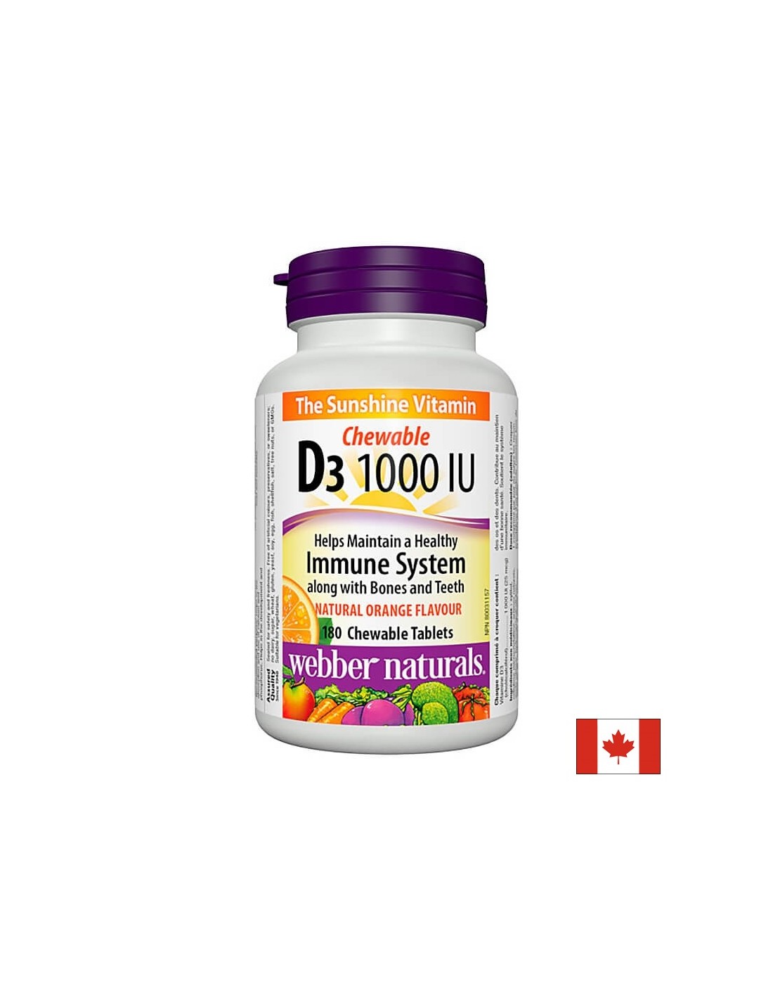 Ossa e denti sani - Vitamina D3 1000 UI, 180 compresse masticabili <tc>Webber Naturals</tc>