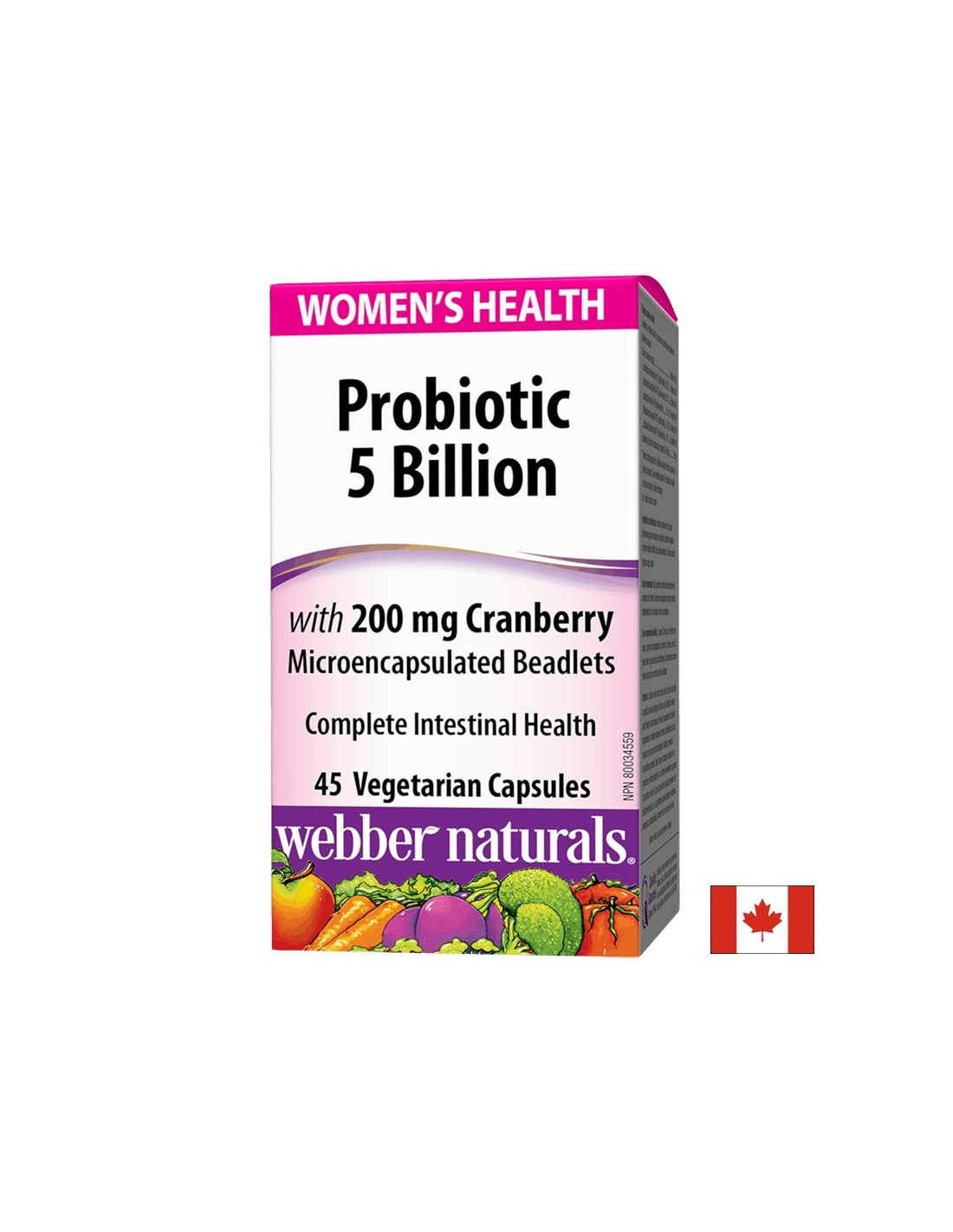 Probiotico per la salute delle donne/Probiotico per le donne 5 ceppi, 5 miliardi di probiotici attivi + Mirtillo rosso x 45 capsule <tc>Webber Naturals</tc>