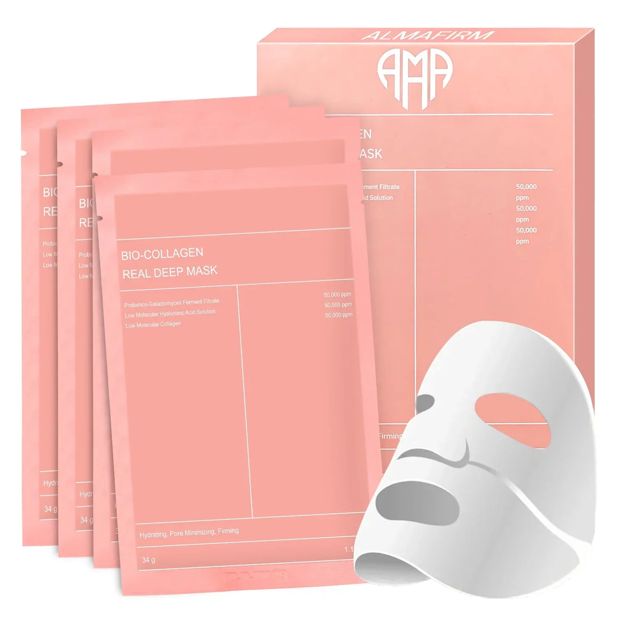 Maschera viso coreana con bio-collagene, acido ialuronico, ceramidi e peptidi – 1 scatola (4 pezzi)
