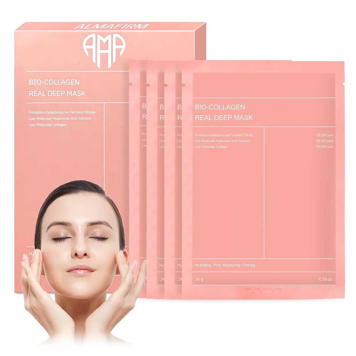 Maschera viso coreana con bio-collagene, acido ialuronico, ceramidi e peptidi – 1 scatola (4 pezzi)