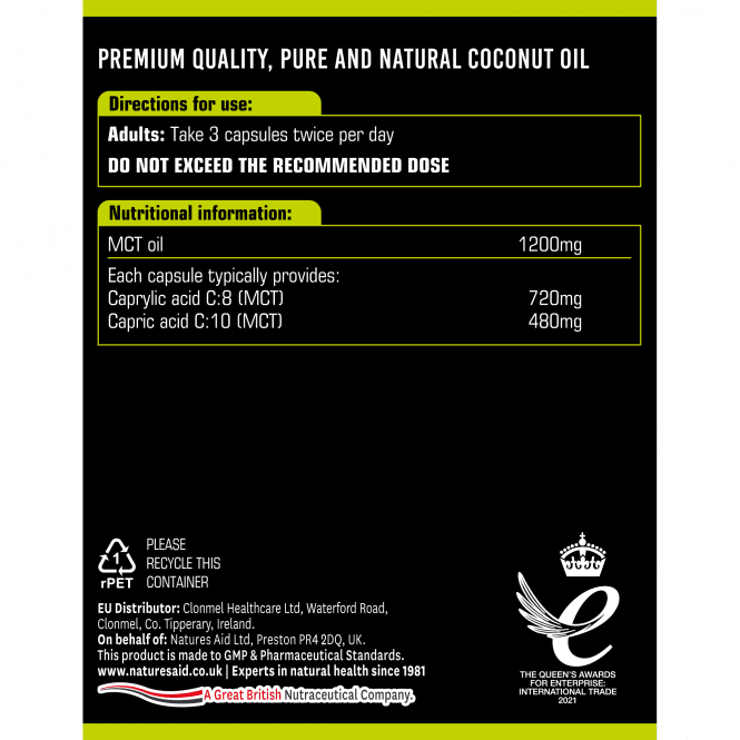 Trigliceridi a catena media da olio di cocco (olio MCT al 100%) 1200 mg 120 capsule NaturesAid