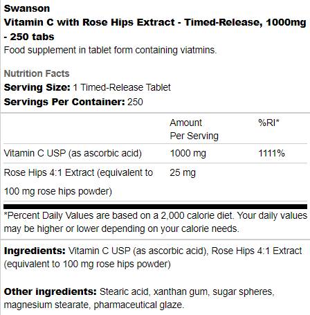 Vitamina C 1000 mg a rilascio a tempo | Con i fianchi di rose 250 bottiglie