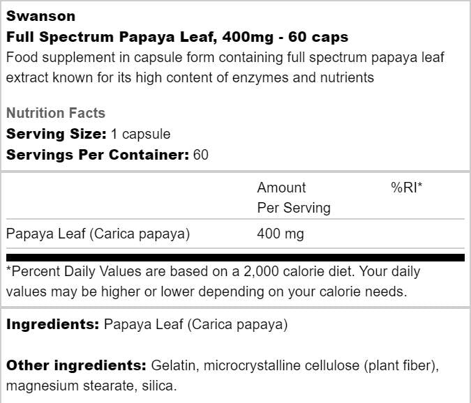 Full Spectrum Papaya Leaf 400 mg 60 Capsule