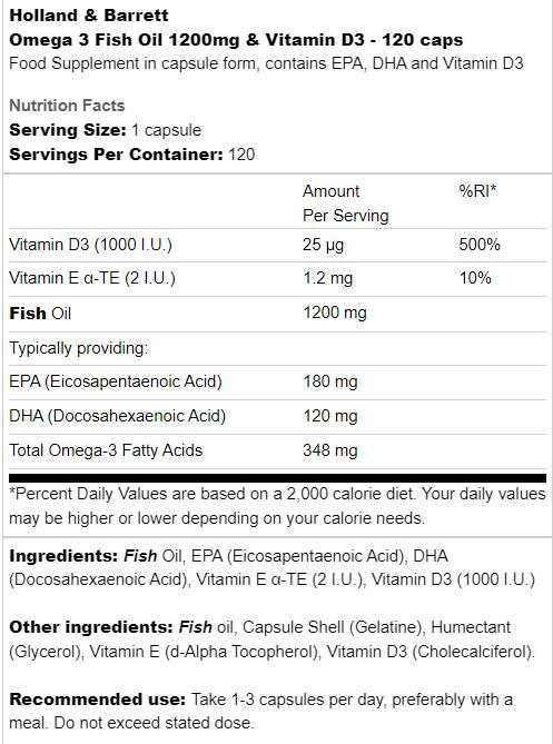 Omega 3 olio di pesce 1200 mg e vitamina D3 - 120 capsule gel