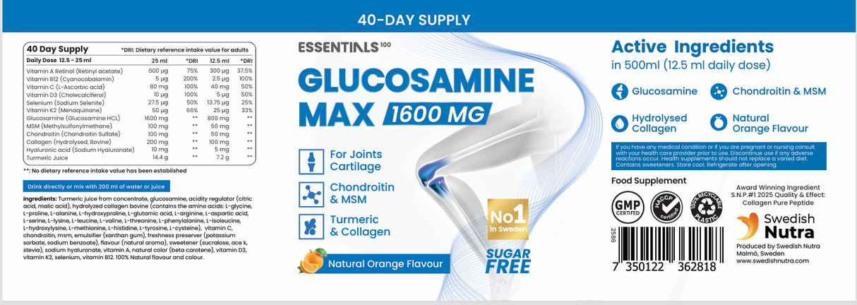 Glucosamina MAX con collagene tipo 2, MSM, Condroitina (40/20 dosi, 500 ml)