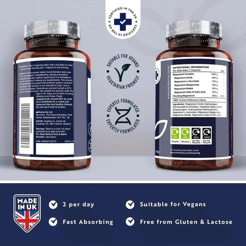 Complesso di Magnesio – 240 capsule ad alta concentrazione – Vegano – <tc>Nutravita</tc>