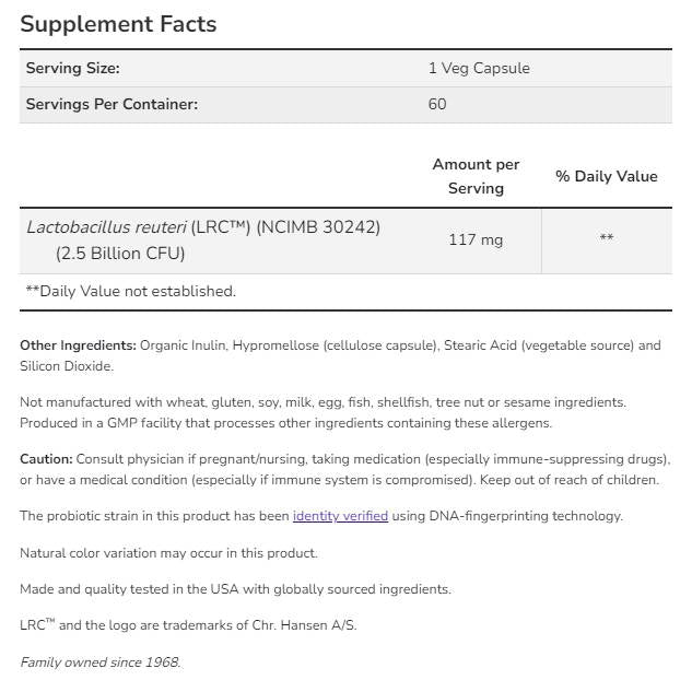 Probiotico per la salute del cuore clinico | Lactobacillus reuteri LRC ™ 2,5 miliardi - 60 capsule