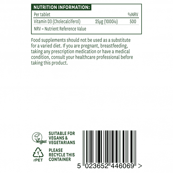 Vitamina D3 (Vitamina D3) 1000iu 60 compresse vegane NaturesAid