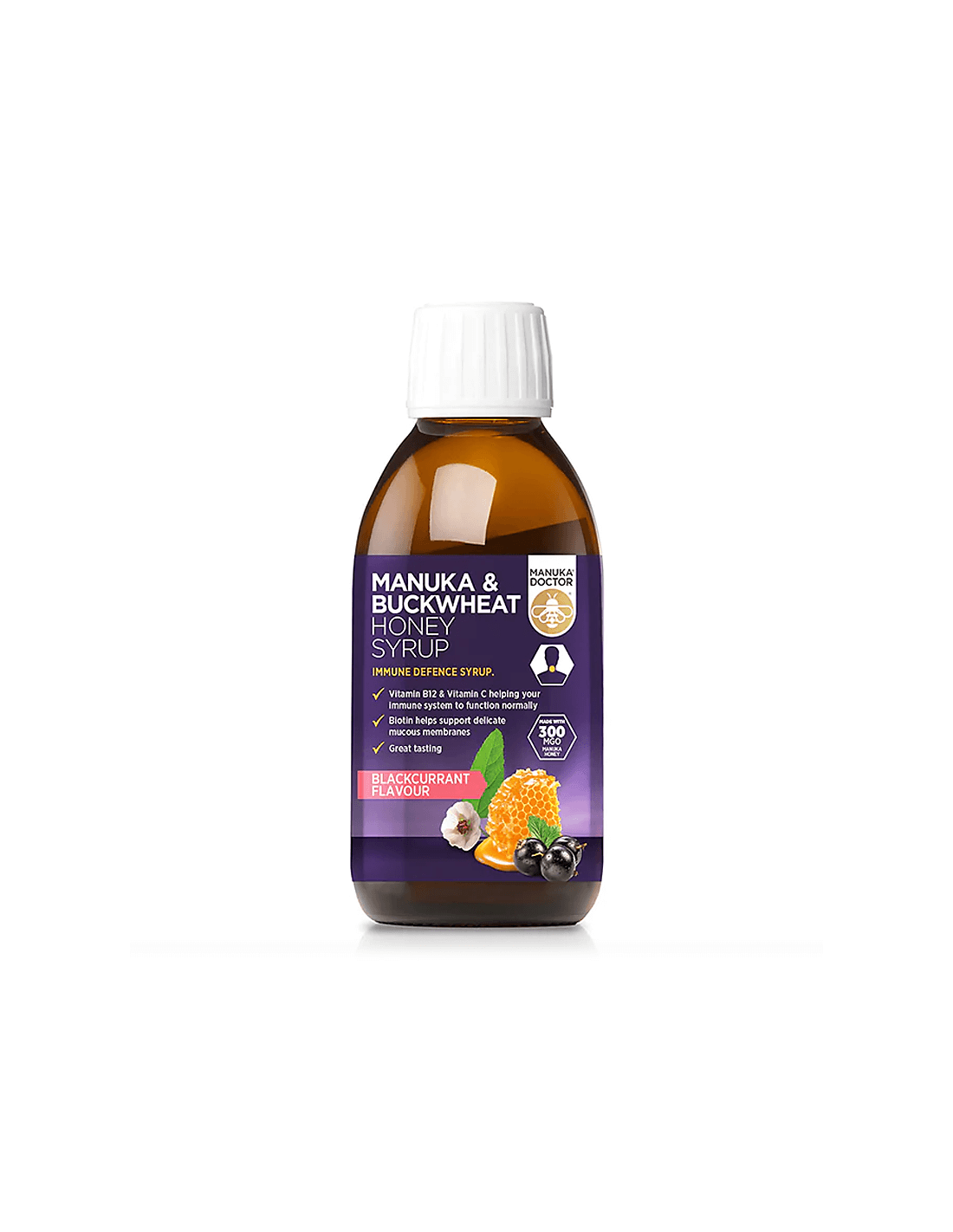 Immunità - Sciroppo con miele di manuka (300 MGO) e grano saraceno, sciroppo da 200 ml, gusto ribes nero