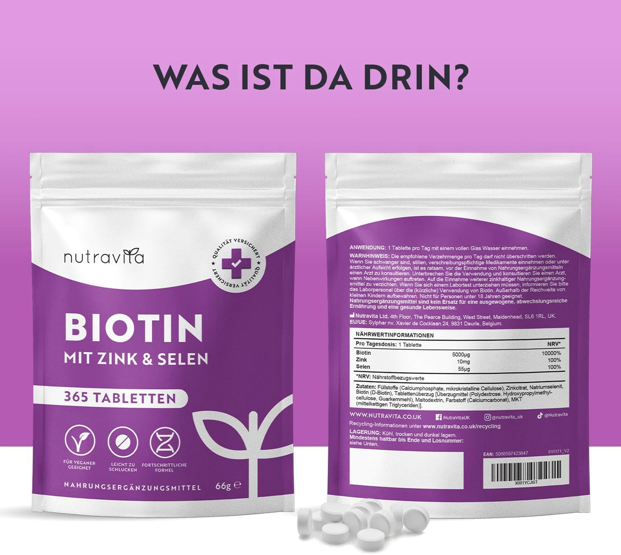 Compresse di Biotina + Selenio + Zinco per pelle, capelli e unghie – 365 compresse vegane per 1 anno <tc>Nutravita</tc>