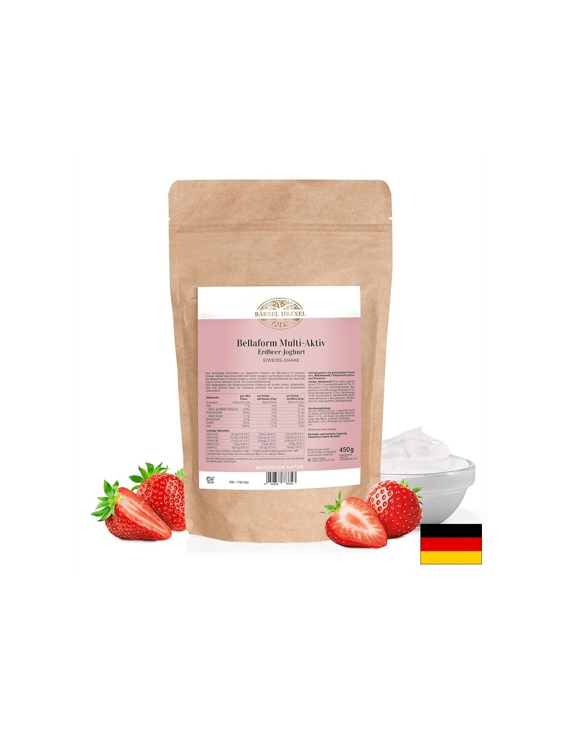 Frullato proteico naturale in polvere - Dietetico, sano e saziante, 450 g, al gusto di yogurt alla fragola