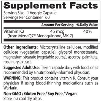Miglior vitamina naturale K2 MK -7 45 mcg - 180 capsule