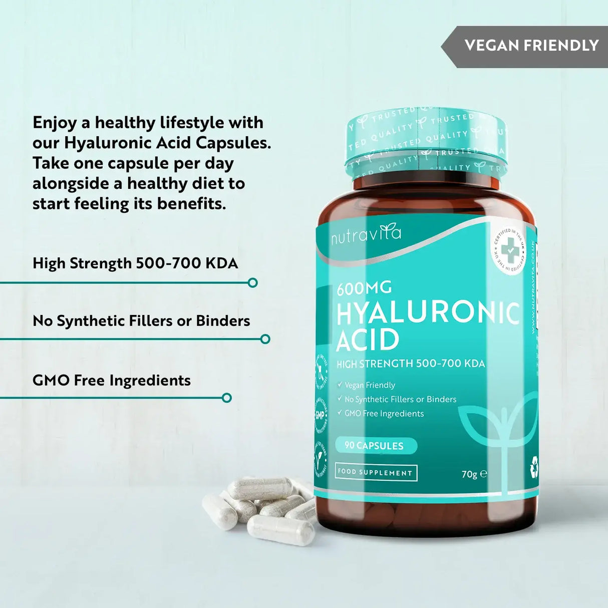 Acido ialuronico 600 mg/Acido ialuronico 600 mg/90 capsule, 90 giorni/ <tc>Nutravita</tc>