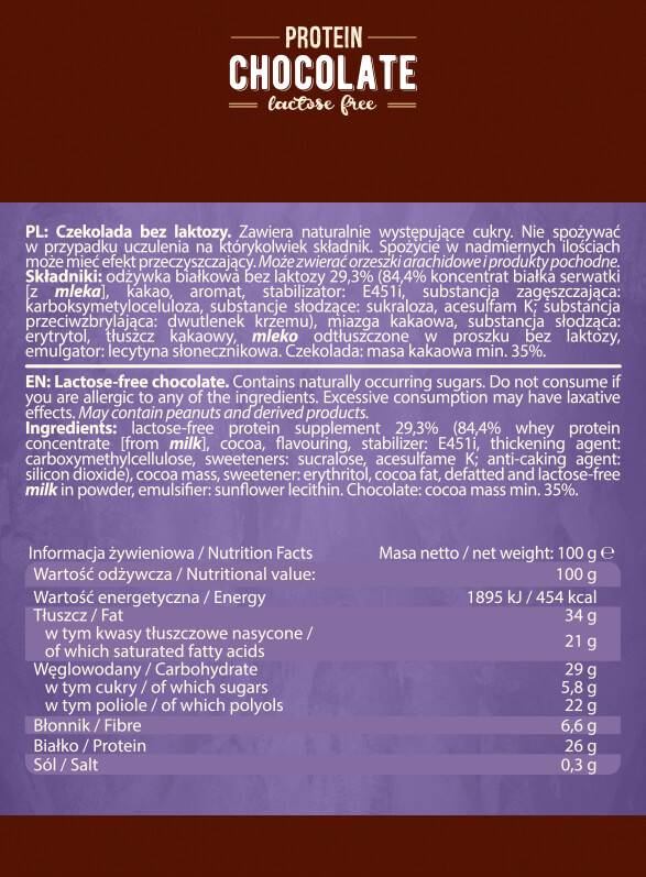 Cioccolato proteico | Lattosio senza lattosio - 100 grammi