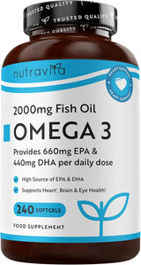 Omega 3 2000 mg /EPA 660 mg, DHA 440 mg/Olio di pesce puro /240 capsule, 120 dosi/ <tc>Nutravita</tc>