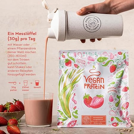 Strawberry in polvere proteica vegana - 600 g realizzati in Germania - alfa alfa