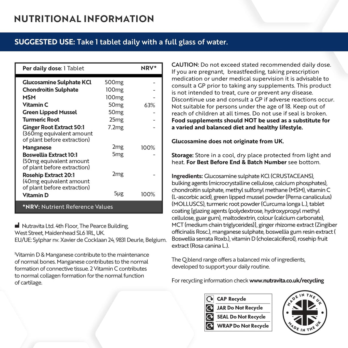 Complesso articolare con glucosamina, condroitina, MSM e manganese - 180 compresse (6 mesi di assunzione)