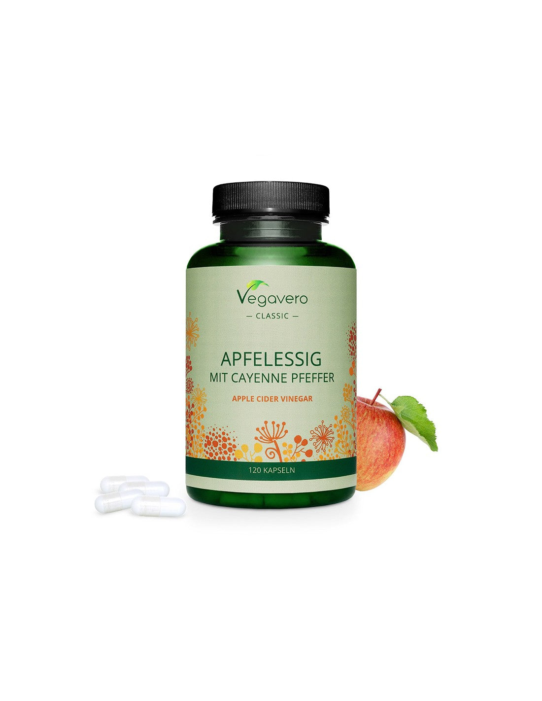 Apfelssig mit Cayenne Pfeffer - Aceto di mele + peperoncino piccante, 120 <tc>Vegavero</tc> capsule