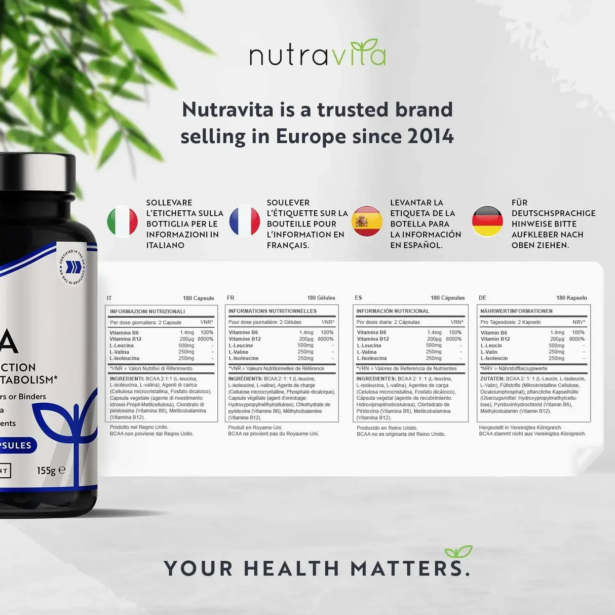 BCAA (2:1:1) con vitamine B6 & B12 - 180 Vcaps. <tc>Nutravita</tc>