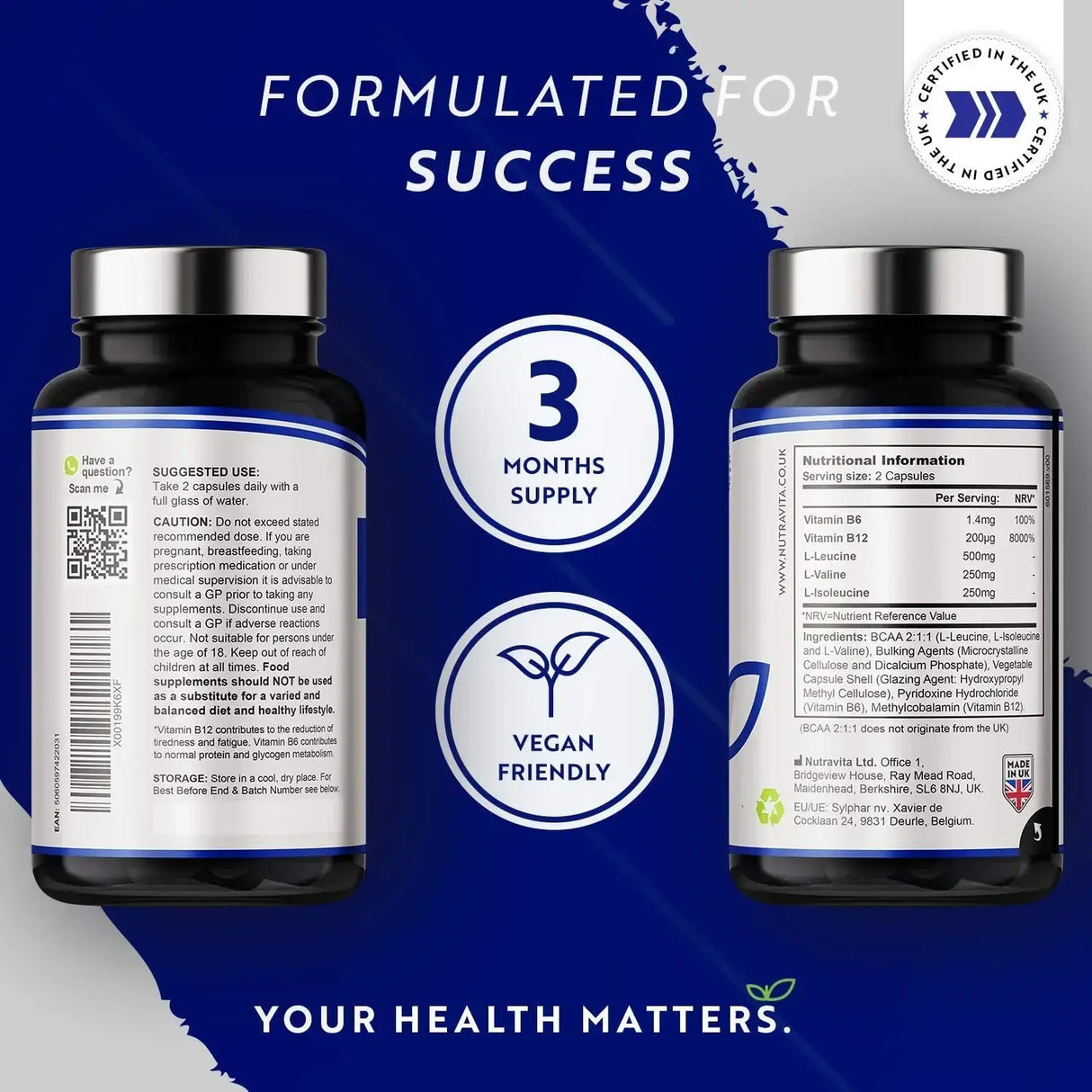 BCAA (2:1:1) con vitamine B6 & B12 - 180 Vcaps. <tc>Nutravita</tc>