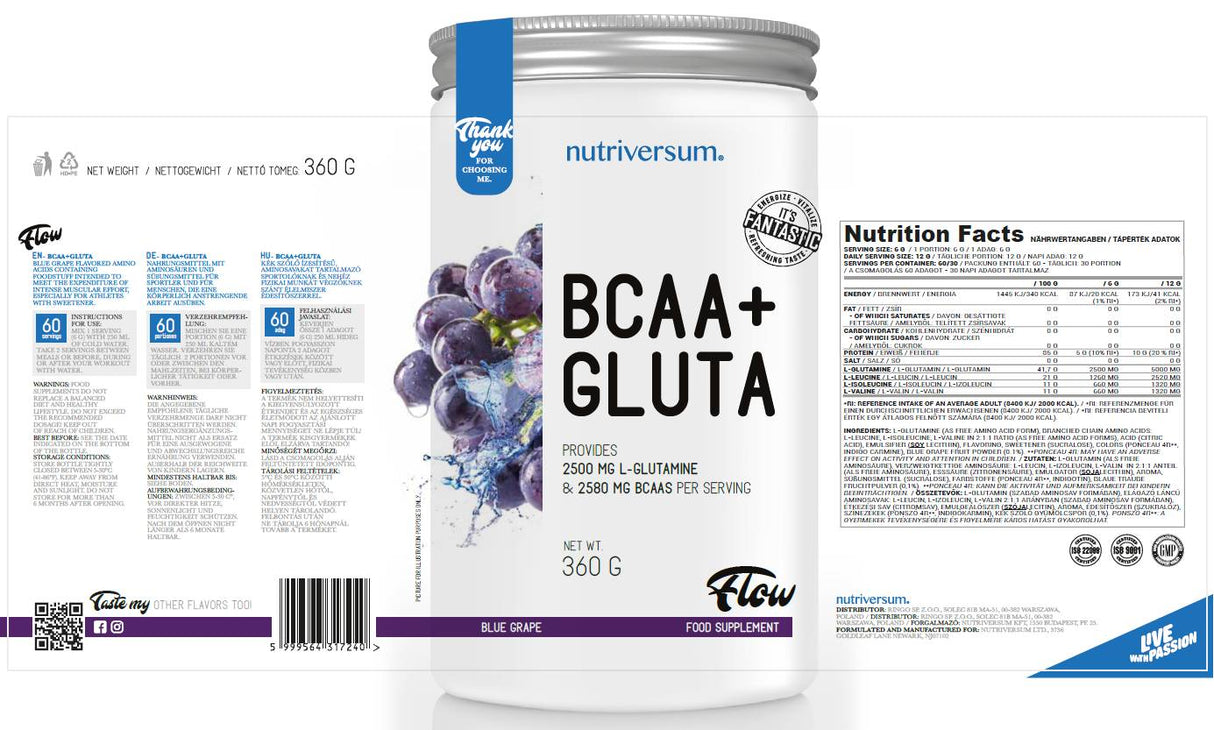 BCAA + Gluta in polvere | Flusso: 360 grammi