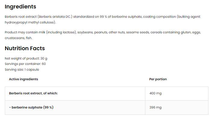 Solfato di berberina 396 mg | Estratto di radice di Berberis al 99% 60 capsule