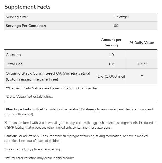 Olio di Semi di Cumino Nero 1000 mg - 60 Capsule gel
