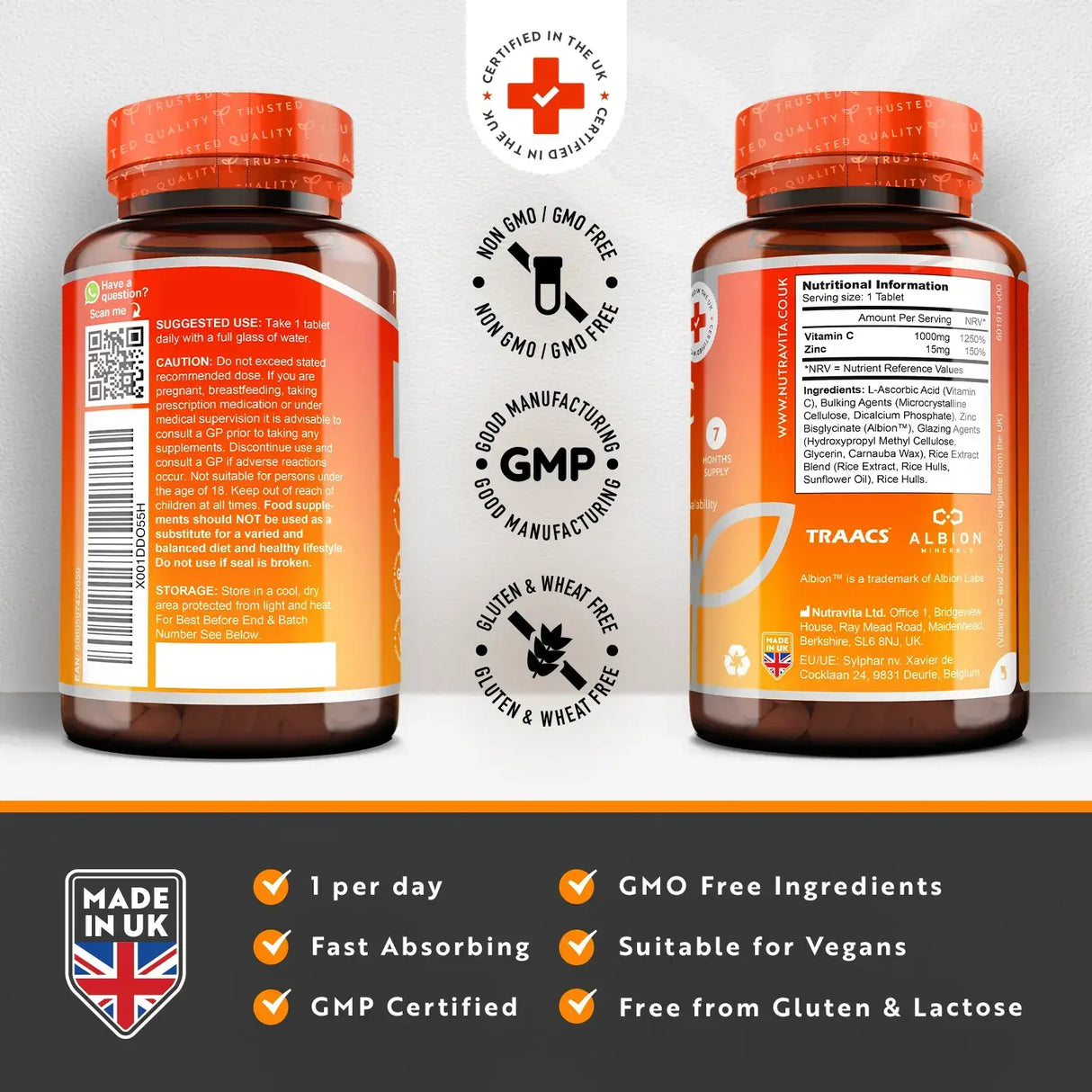 Vitamina C 1000 mg con Zinco (Albion® Zinc) 15 mg 210 compresse <tc>Nutravita</tc>