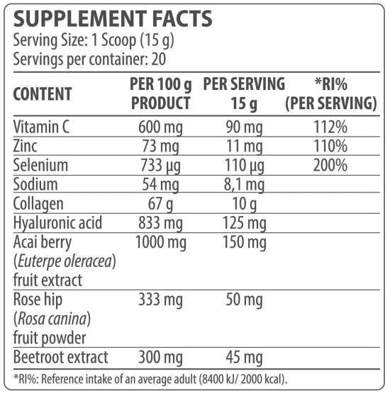 Complesso di collagene | con acido ialuronico & Bacche di Acai - 300 grammi