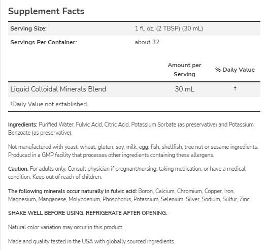 Minerali colloidali | Minerali in tracce di acido fulvico - Sapore naturale - 946 ml