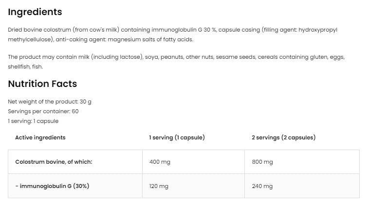 Colostro bovino 400 mg | 30% Immunoglobulina G 60 capsule