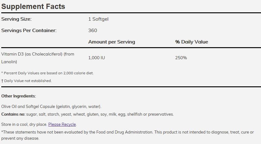 Vitamina D-3 1000 UI - 180 capsule gel