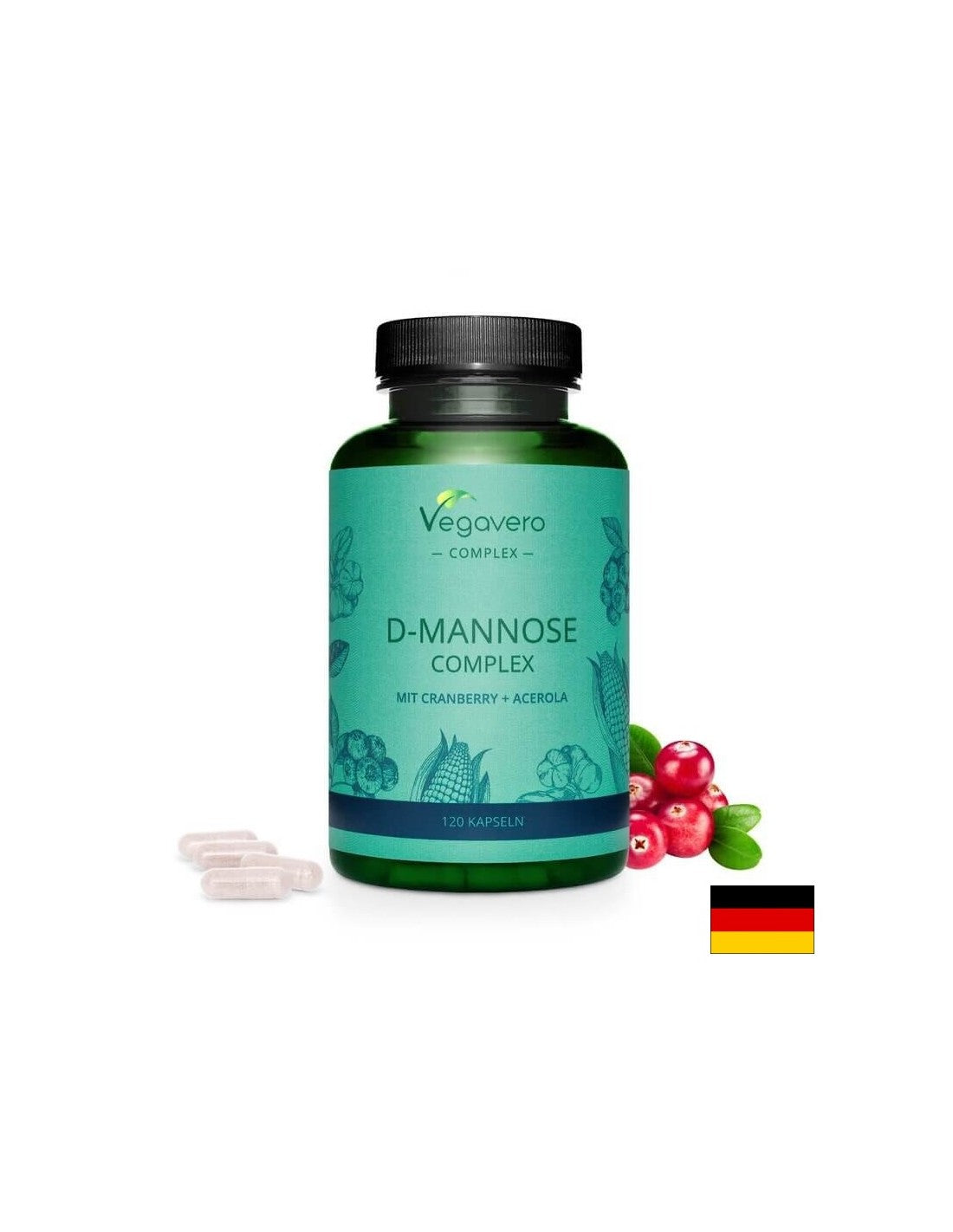 Complesso D-Mannosio con Mirtillo Rosso + Acerola/ Complesso D-mannosio con mirtillo rosso e acerola, 120 capsule, 100% vegano <tc>Vegavero</tc>