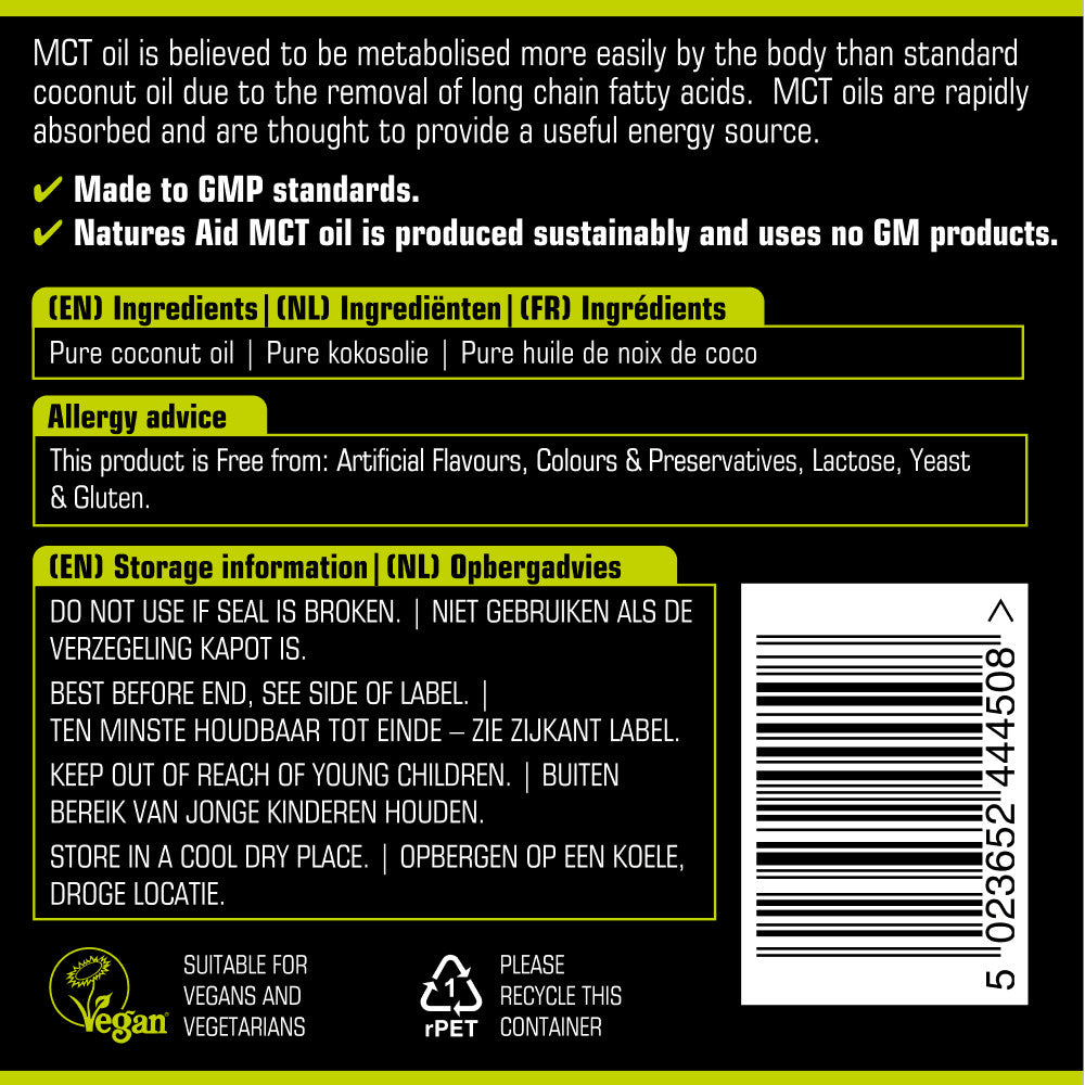 Trigliceridi a catena media da olio di cocco (olio MCT al 100%) 500 ml NaturesAid