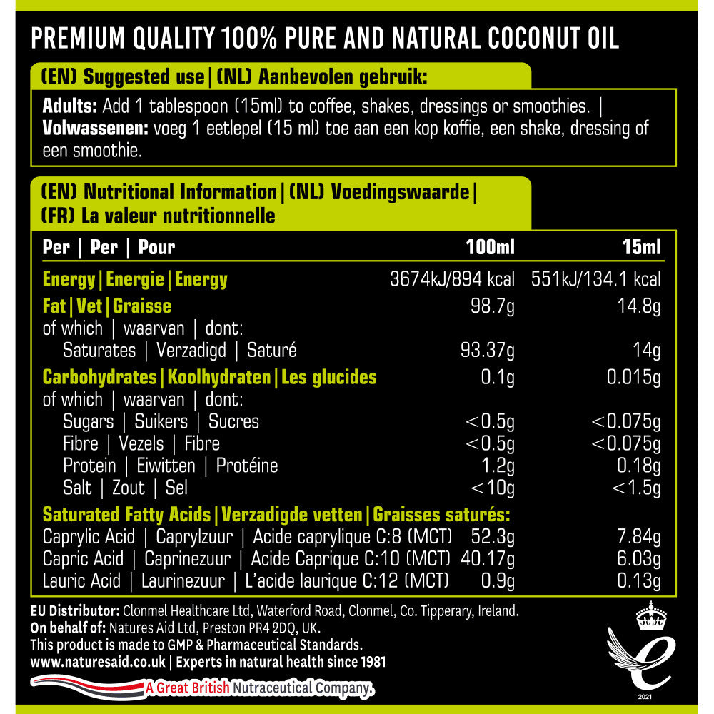 Trigliceridi a catena media da olio di cocco (olio MCT al 100%) 500 ml NaturesAid
