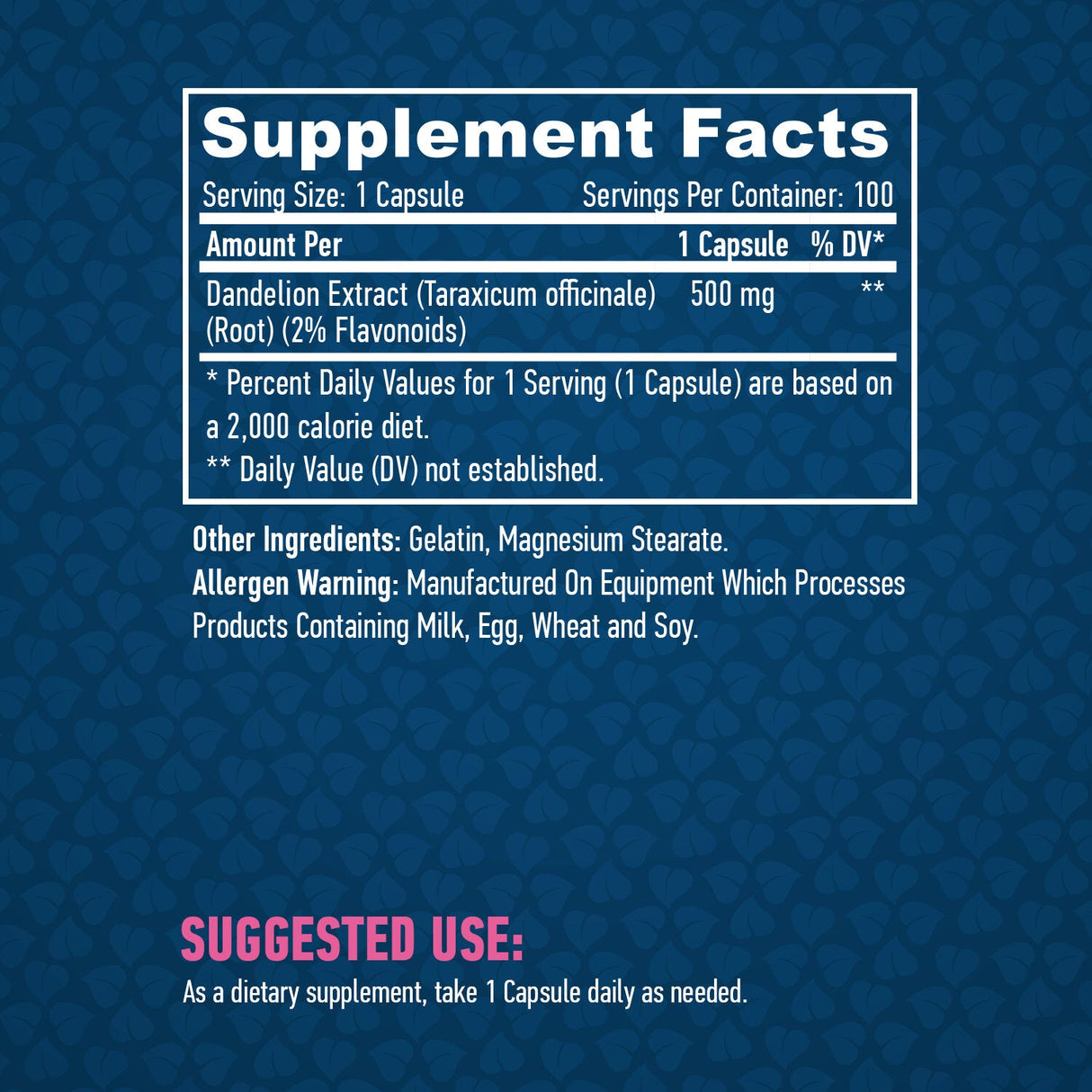 Estratto di radice di tarassaco (2% flavonoidi) 500 mg/100 capsule.