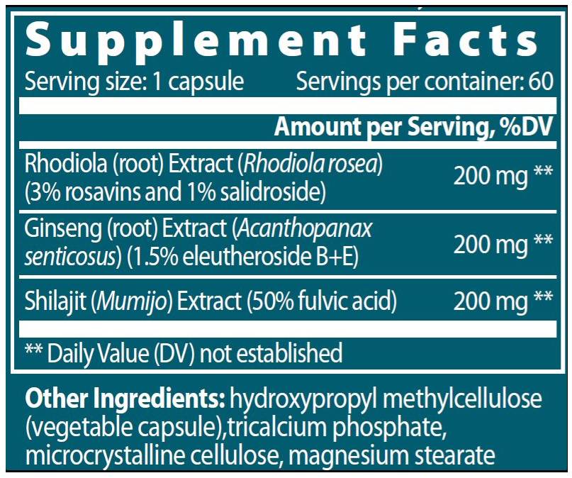 Adattogeno orientale | Rhodiola + Ginseng + Shilajit - 60 capsule