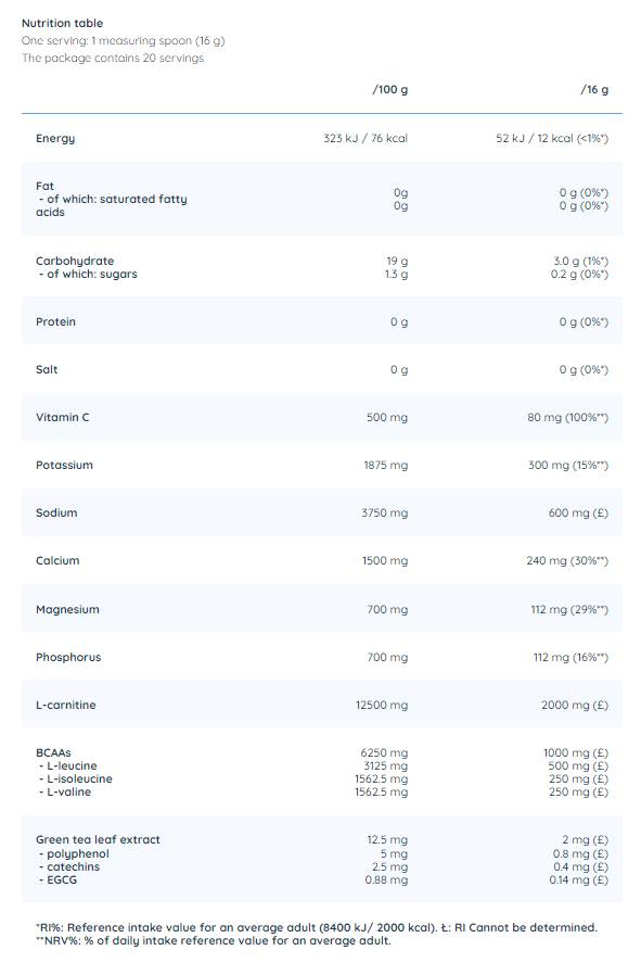 Polvere elettrolitica | con BCAA, L-Carnitina & Tè verde - 320 grammi