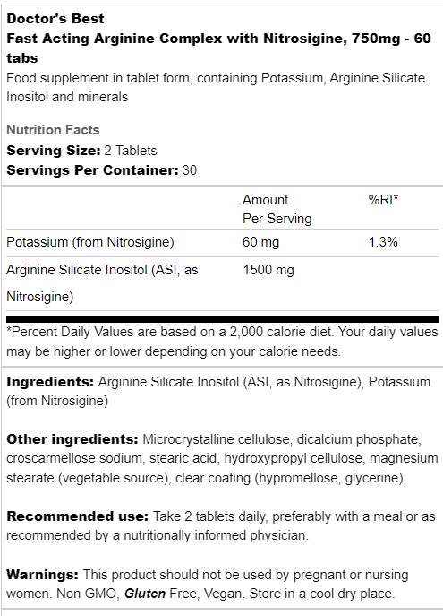 Complesso di arginina ad azione rapida | Con Nitrosigina 750 mg - 60 Compresse