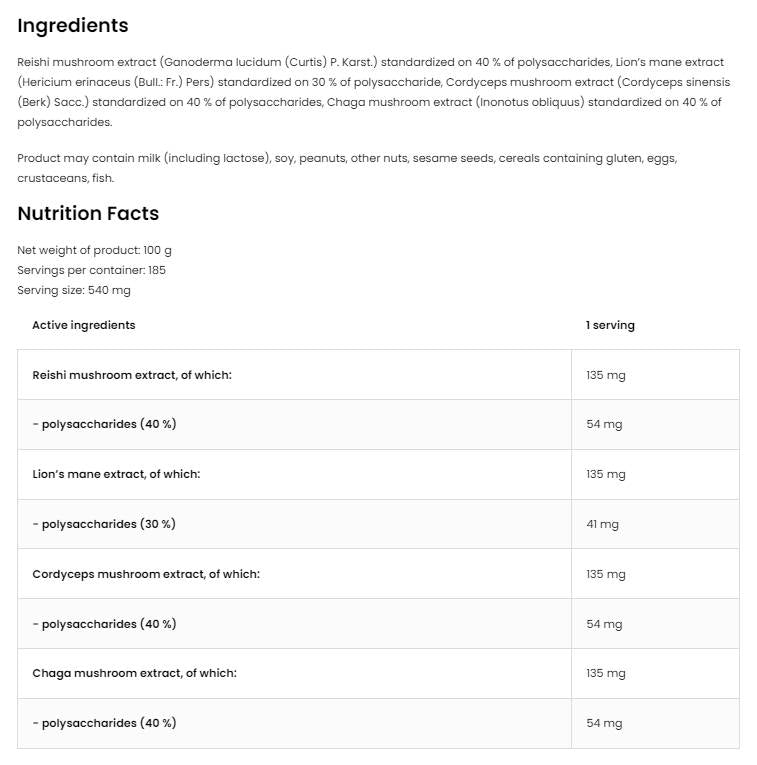Powder in miscela di funghi Quatro | Lion's Mane ~ reishi ~ cordyceps ~ chaga 100 grammi