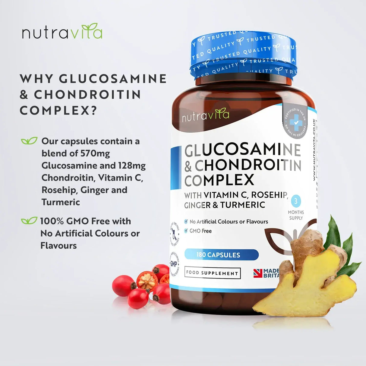 Glucosamina Condroitina /180 capsule, 90 giorni/ con Curcuma, Zenzero & Vitamina C <tc>Nutravita</tc>