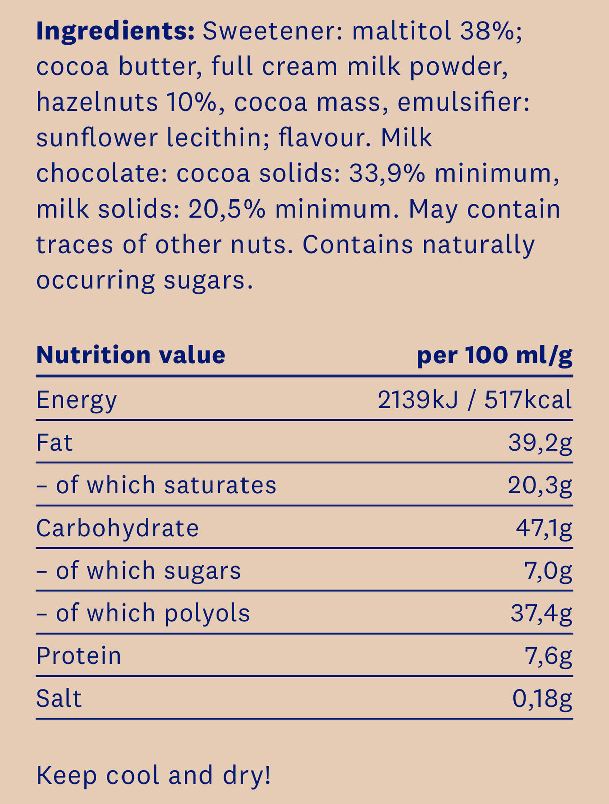 <tc>HealthyCo</tc> cioccolato con nocciole 100 grammi - senza zuccheri aggiunti e senza olio di palma